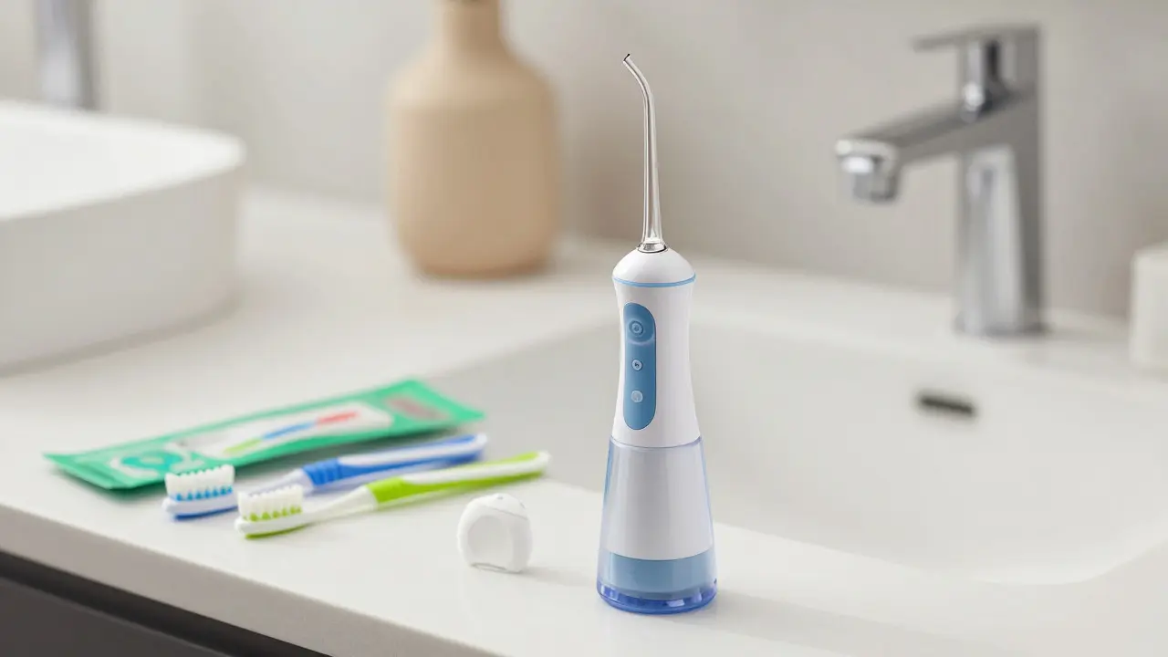 Zubní irigator a mezery kartáčky na čistém pultu, důraz na správnou ústní hygienu.