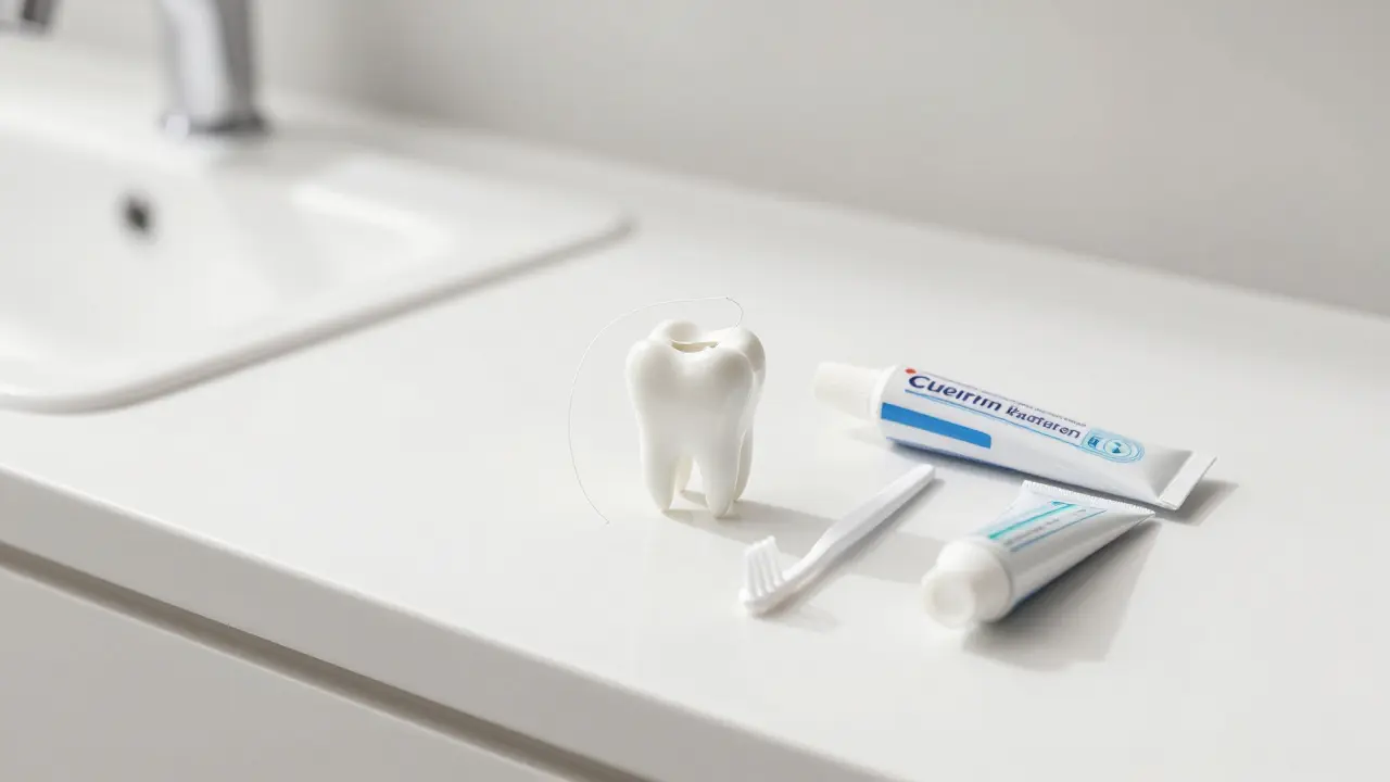 Zubní nit, mezizubní kartáček a fluoridový gel pro prevenci mezizubního kazu