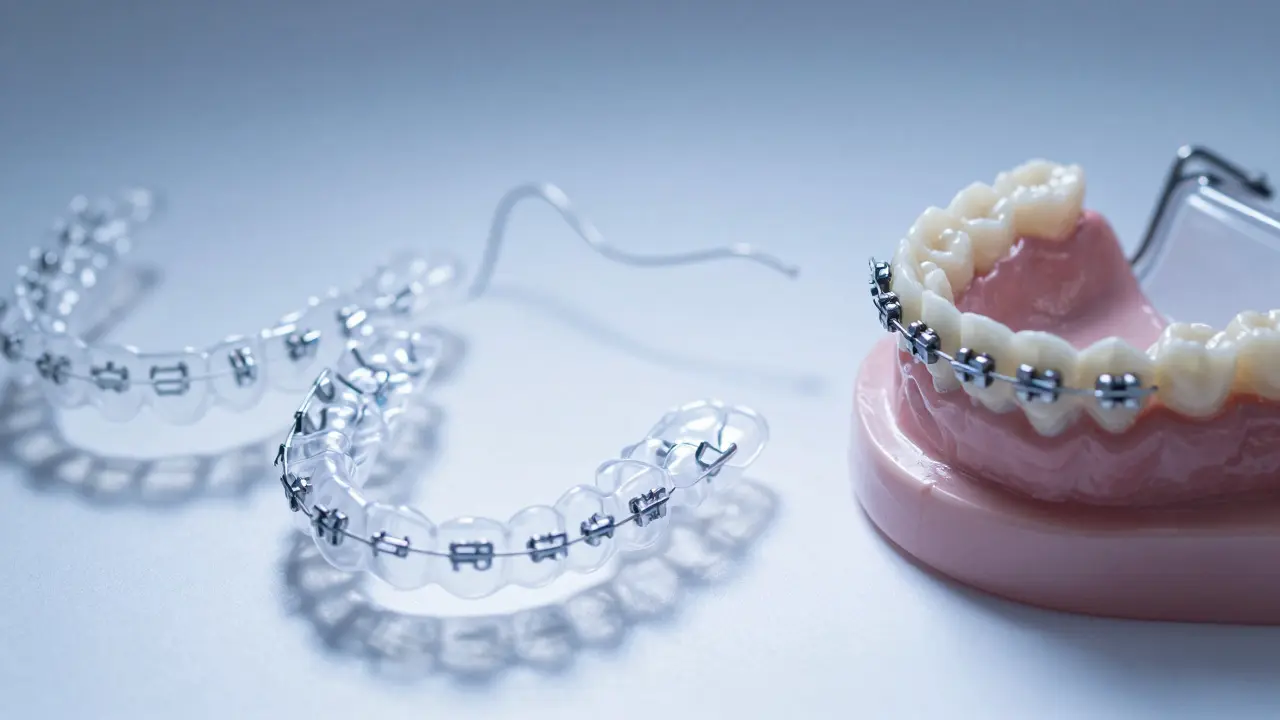Close-up of clear aligners and metal brackets displayed on a white surface