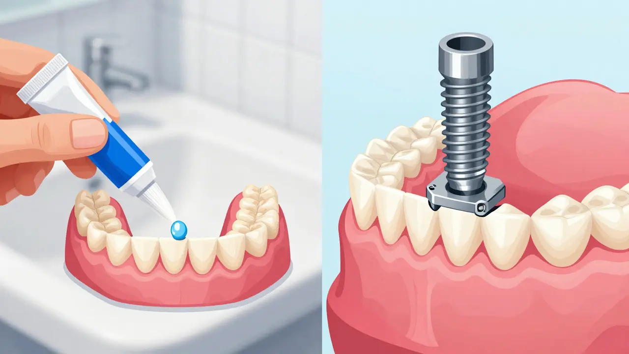 Comparison of denture adhesive application and implant fixation
