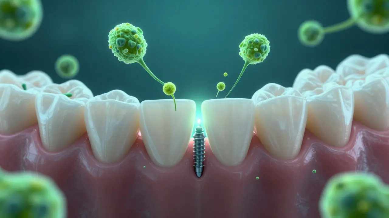 Conceptual art showing stem cells regenerating bone around a dental implant