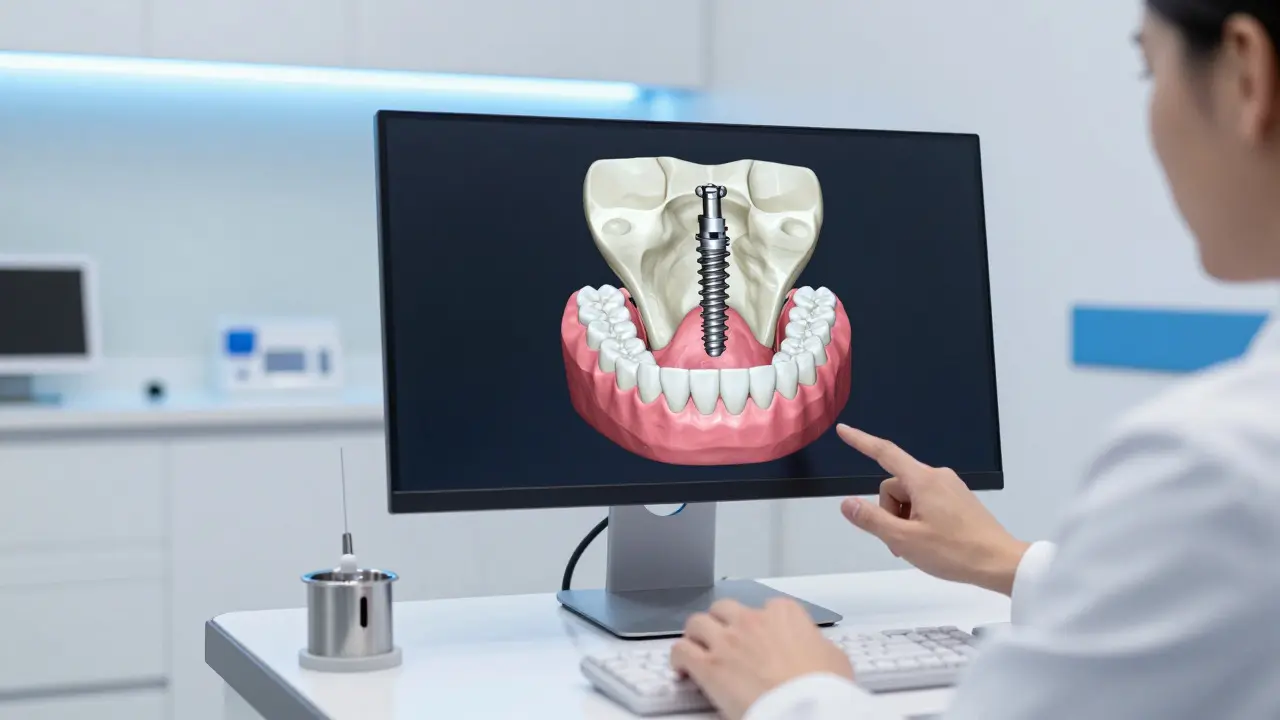 Dentist using 3D digital software to plan a dental implant placement