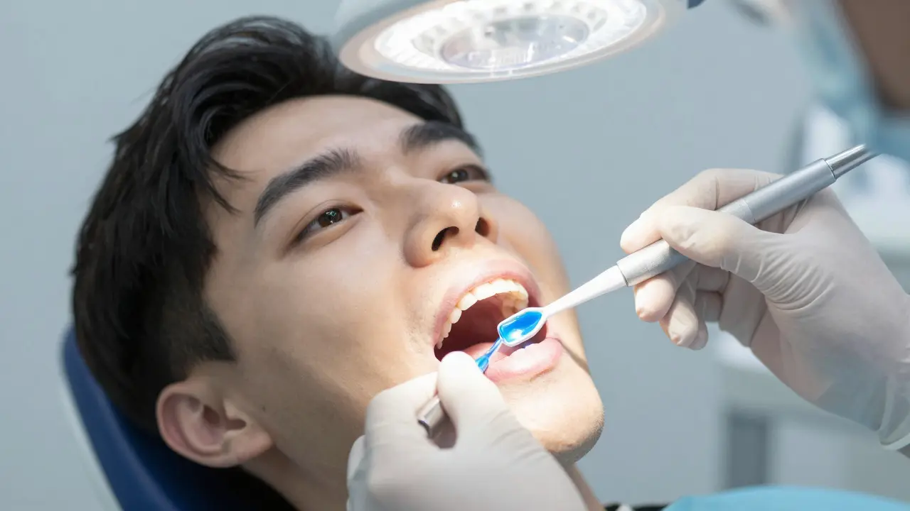 Dentista aplikuje fluoridový gel na zuby pacienta