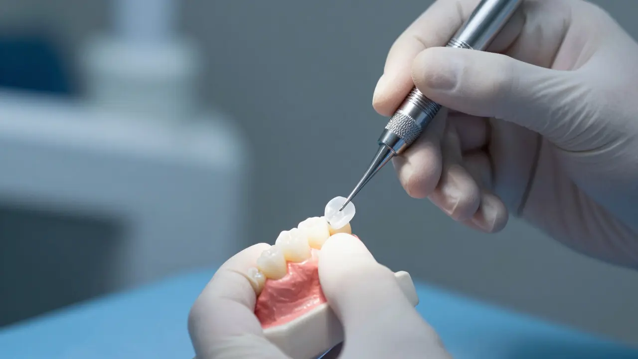 Detailní záběr rukou stomatologa při precizním nasazování zubní fázy na zub