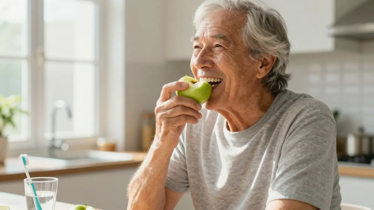 Elderly person eating an apple comfortably at home