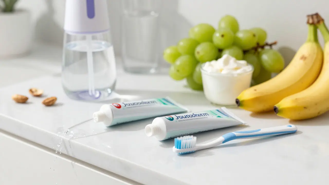 Hygiena úst s pastou, mezizubními kartáčky a vhodnými potravinami