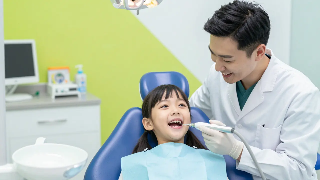 Pediatrický stomatolog vyšetřuje úsměvné dítě v ordinaci