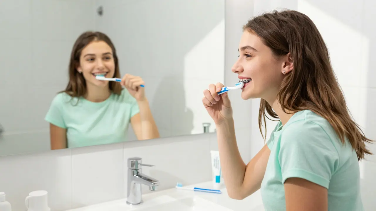 Teenage girl with braces brushing her teeth and smiling in a bathroom mirror