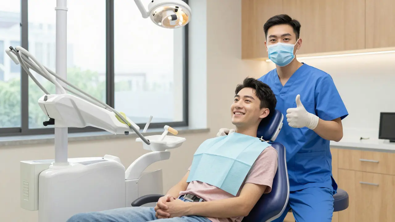 Úsměvající se pacient po návštěvě dentální hygienistky v ordinaci