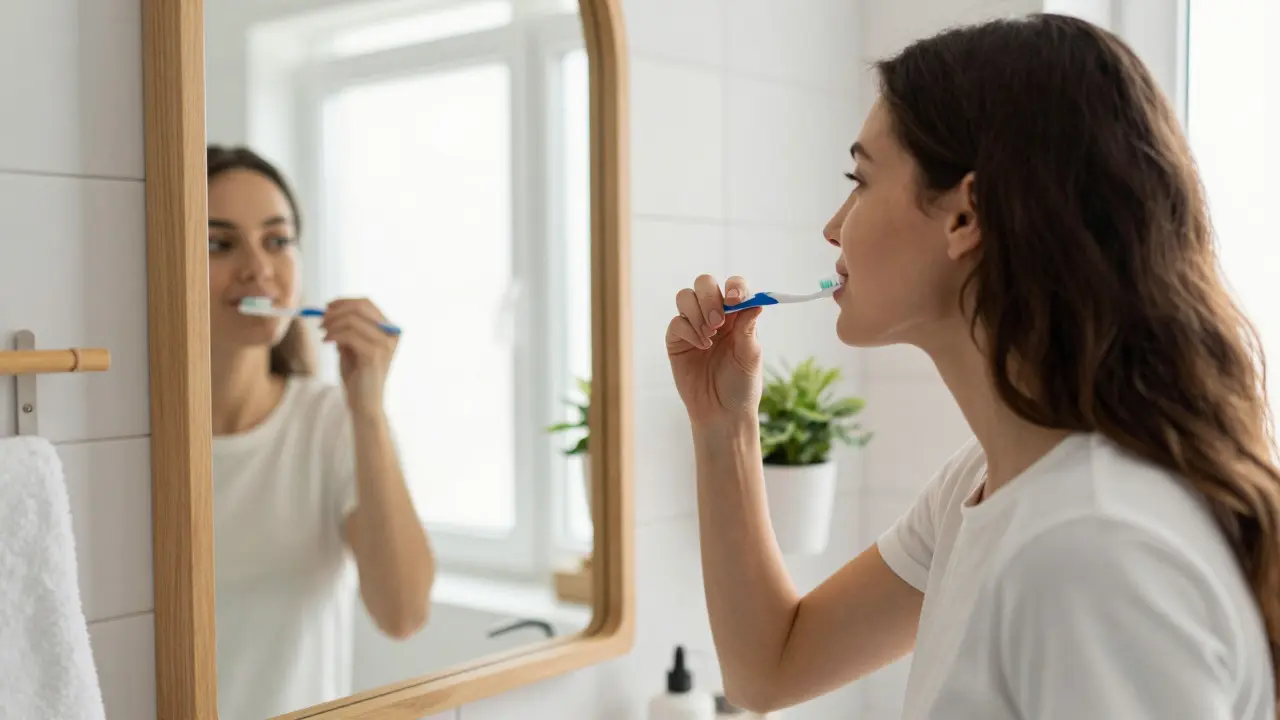 Woman performing evening oral hygiene routine in a bright bathroom