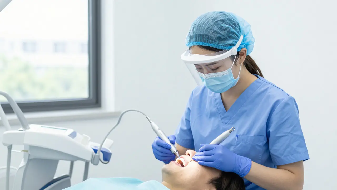 Zubní hygienista čistí zuby ultrazvukem v moderní ordinaci.