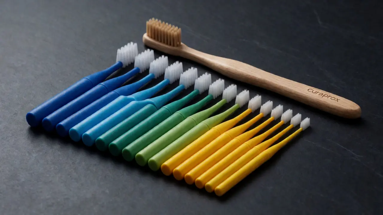 Barevně kódované mezizubní kartáčky Curaprox Prime Color vedle dřevěného kartáčku