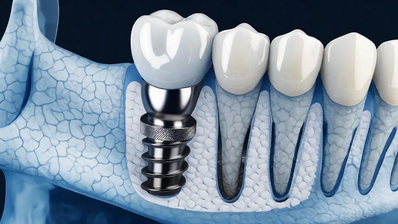 Cross-section view of a titanium dental implant fused with jawbone