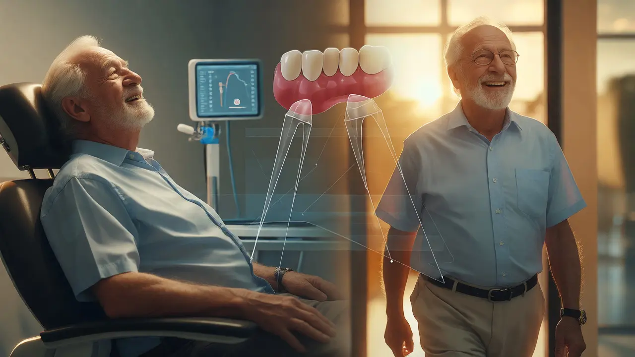 Elderly man transforming from dental treatment to confident smile