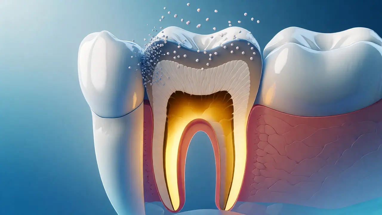 Ilustrace řezu zubem ukazující tenčící se sklovinu a žlutý dentin