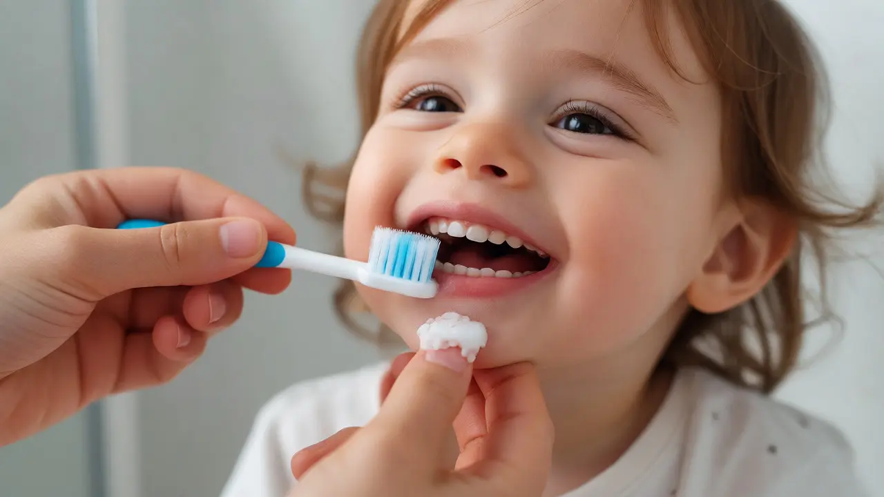 Jemné čištění prvních dětských zubů měkkým kartáčkem s fluoridovou pastou