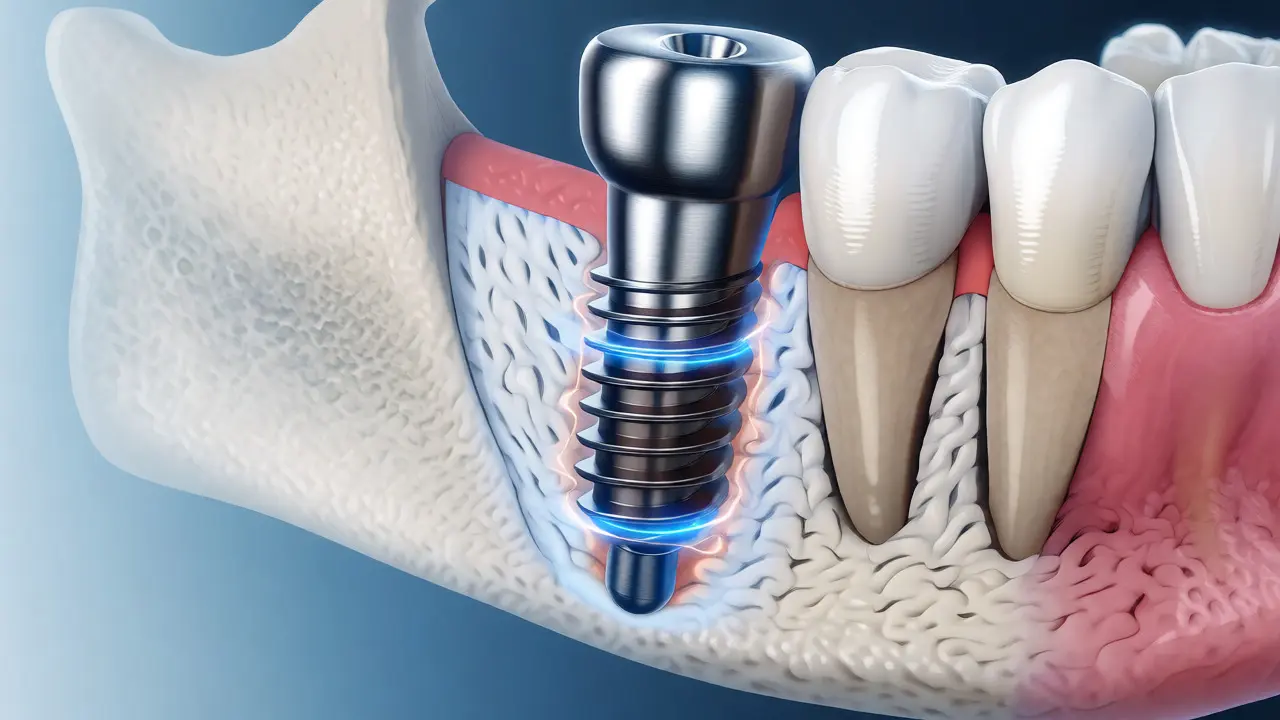 Lékařská ilustrace titanového zubního implantátu integrovaného v čelistní kosti.