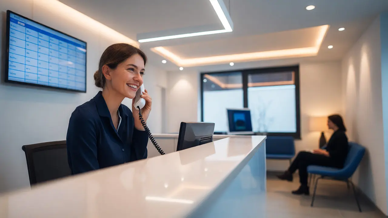 Přijímací recepce moderní soukromé zubní kliniky s telefonem