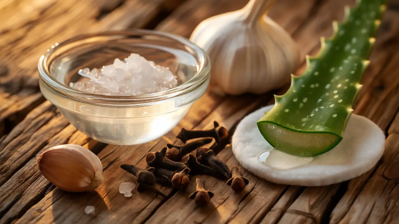 Přírodní prostředky proti bolesti zubů: sůl, hřebíček, česnek a aloe vera na dřevěném stole