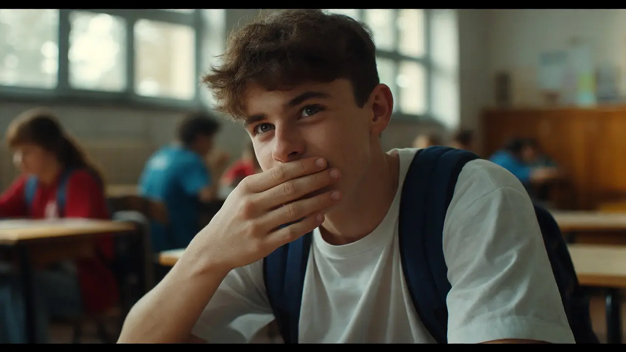 Teenager zakrývající si ústa rukou ze studu před tmavými zuby ve školním prostředí.