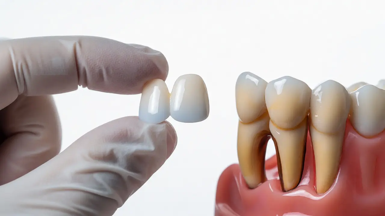 Zubní lékař držící porcelánovou fasetu vedle modelu zbarveného zubu pro estetickou nápravu.