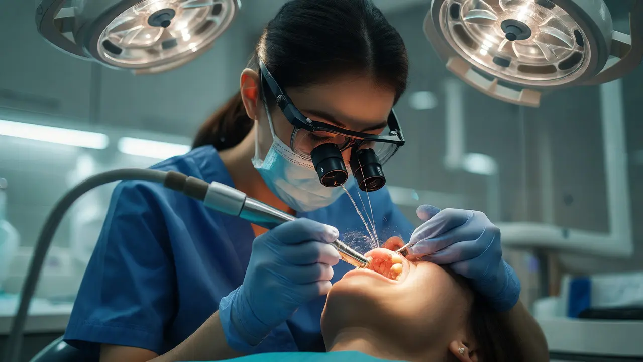 Dentální hygienistka odstraňuje zubní kámen ultrazvukovým přístrojem v ordinaci