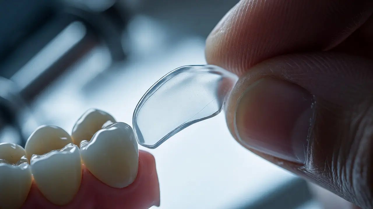 Detailní záběr na průsvitnou keramickou fazetu v zubní laboratoři