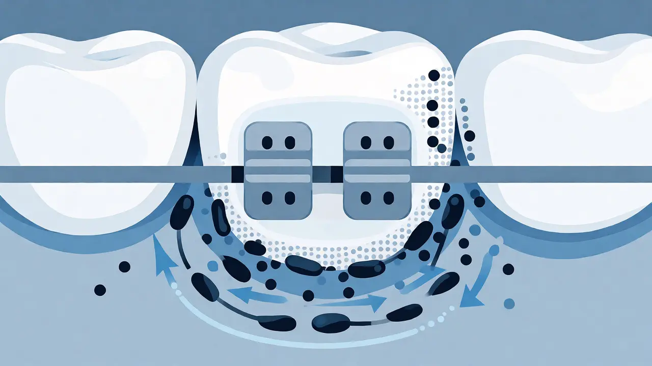 Ilustrace demineralizace skloviny kolem ortodontického bracketu