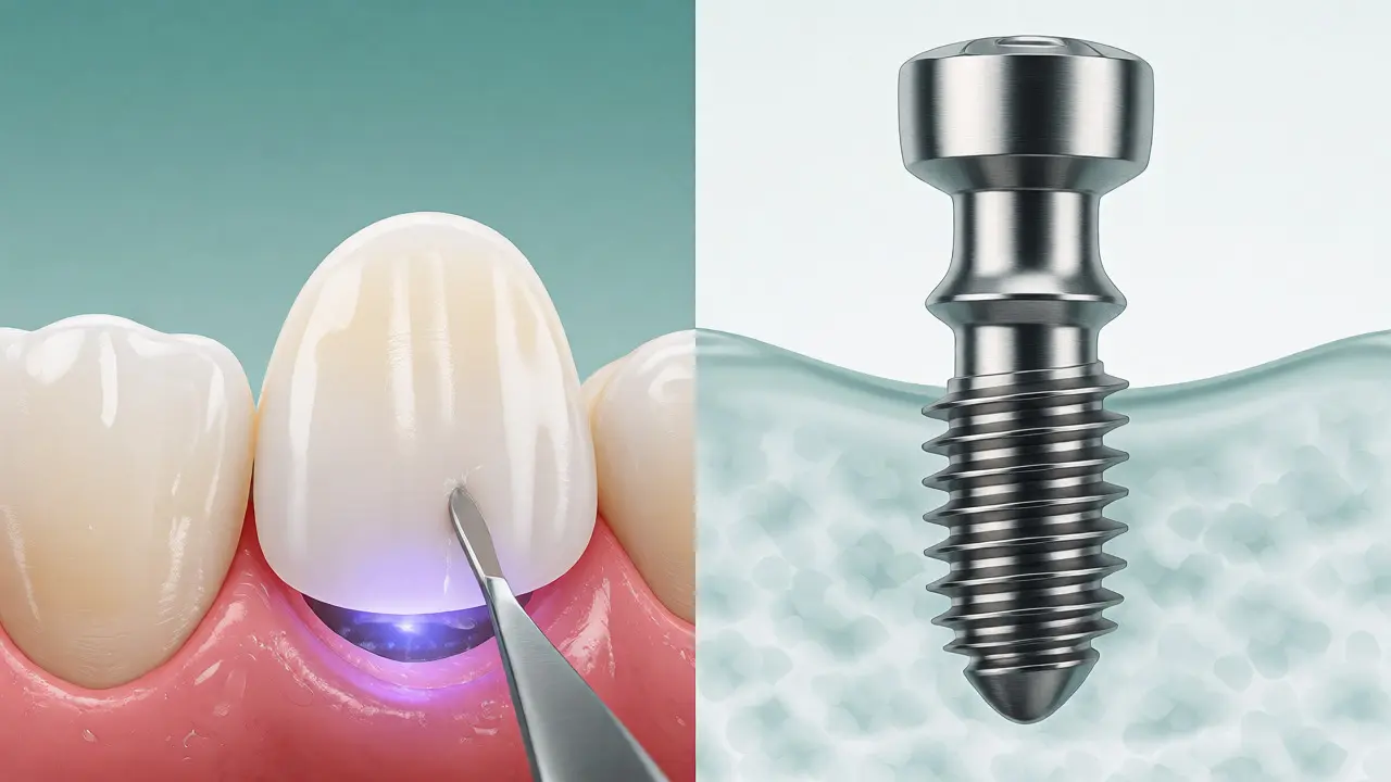 Ilustrace porovnávající aplikaci kompozitní facety a zavedení zubního implantátu.