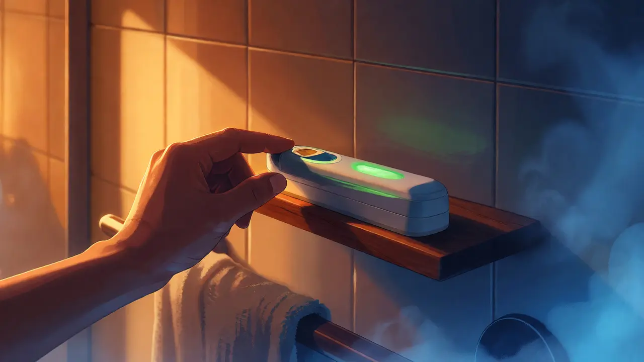 Ruka odkládá Philips Sonicare na dřevěnou polici v teplém osvětlení koupelny