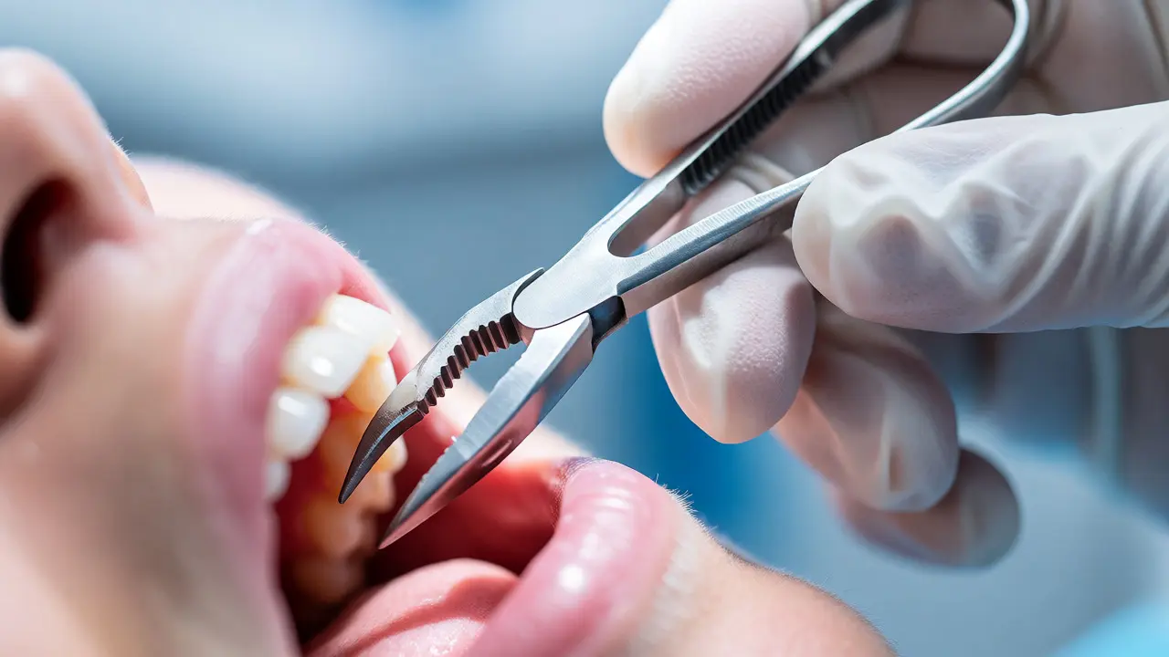 Zubní lékař používá kleště k vytržení zubu v ordinaci s klinickým osvětlením.